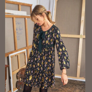 Sezane Dark Floral Bow Neck Peasant Dress